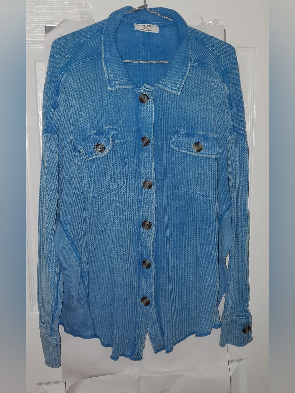 Zenana Blue Waffle-Knit Button Front Shirt
